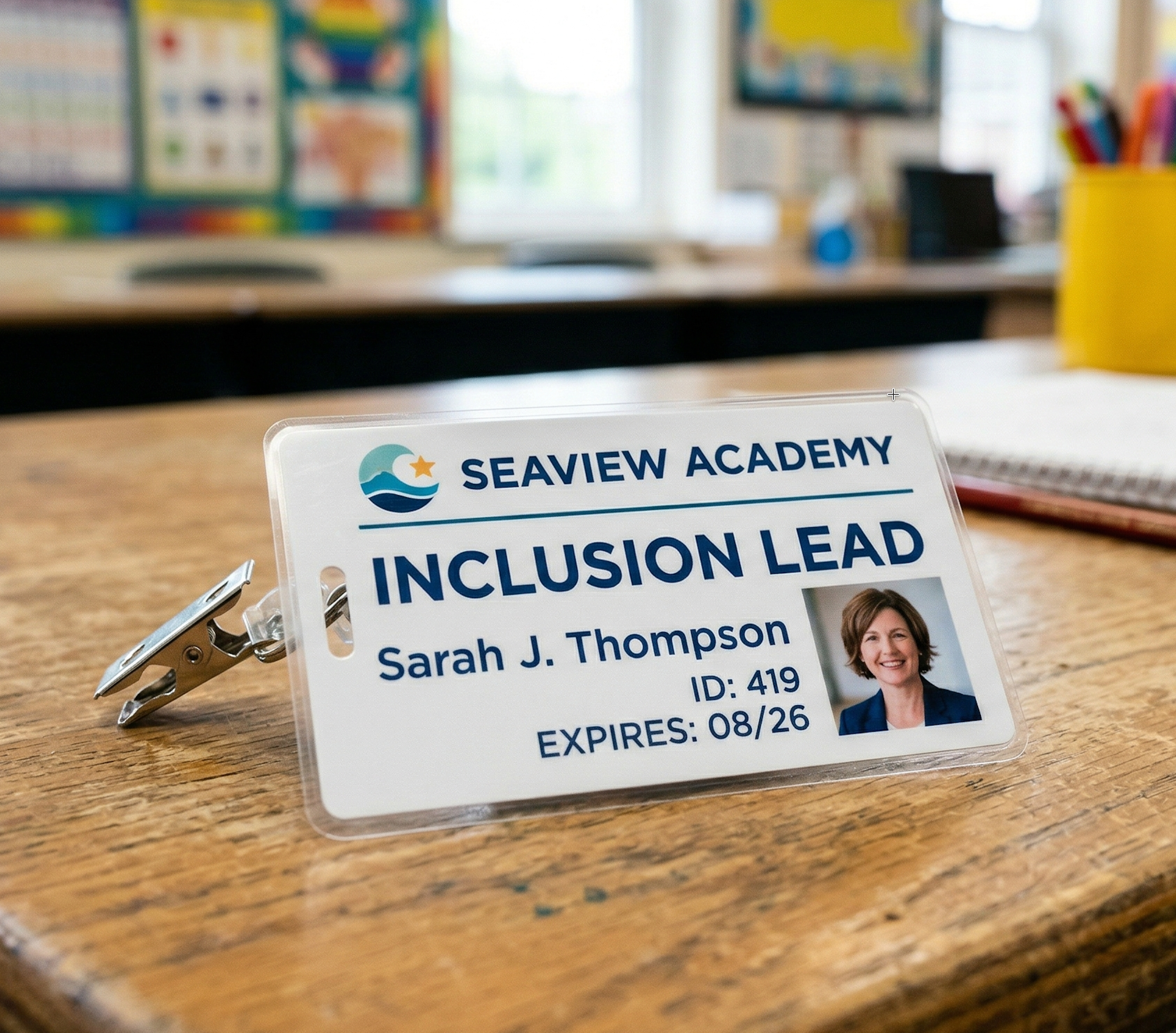 Inclusion Lead ID badge on a school desk — the role responsible for driving inclusive practice across a multi-academy trust