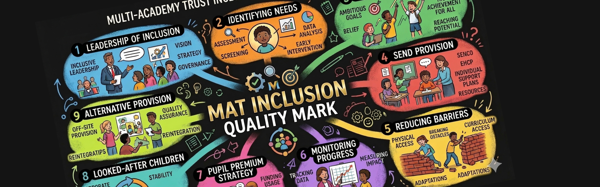 Mind map showing trust inclusion quality mark criteria with evaluation areas for SEND provision, disadvantaged pupils and inclusive leadership
